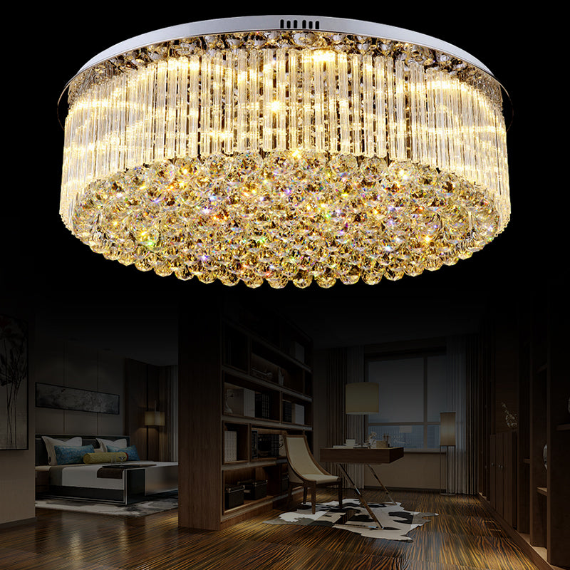 Contemporary Clear Crystal Drum Flush Mount LED Ceiling Light - 19.5"/23.5" Wide, Ideal for Living Room