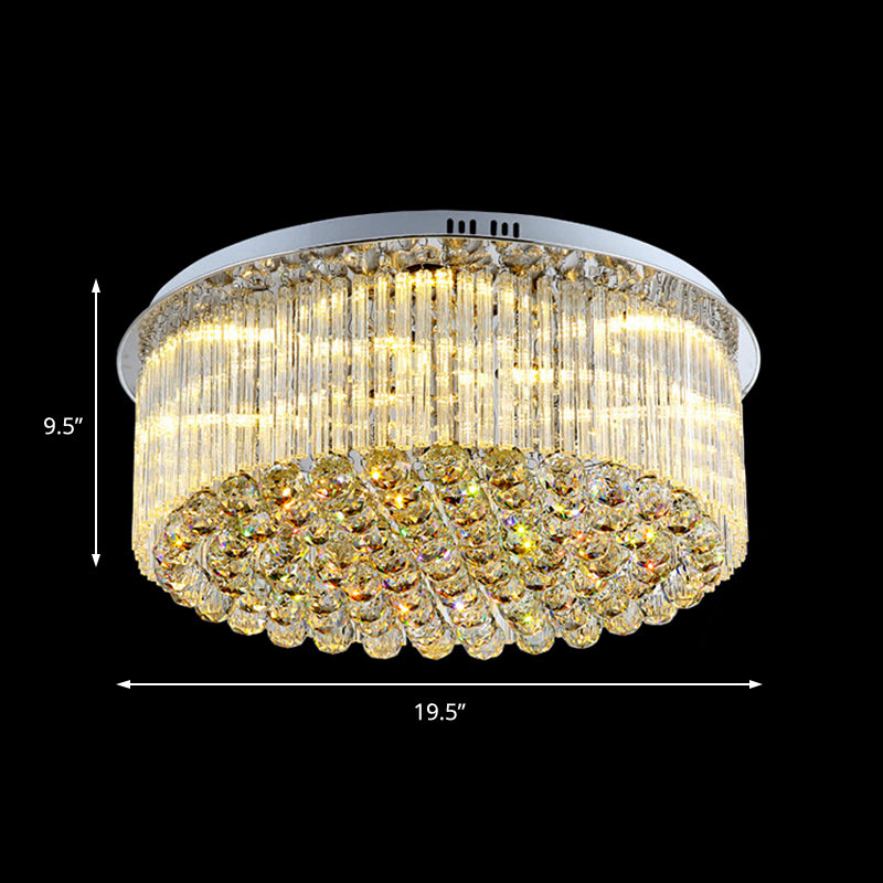 Contemporary Clear Crystal Drum Flush Mount LED Ceiling Light - 19.5"/23.5" Wide, Ideal for Living Room
