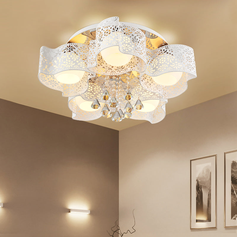 Modernist Crystal Ceiling Lamp with Etched Flower Design, 3/5 Lights, Opal Glass Ball Shade (Pink/White)