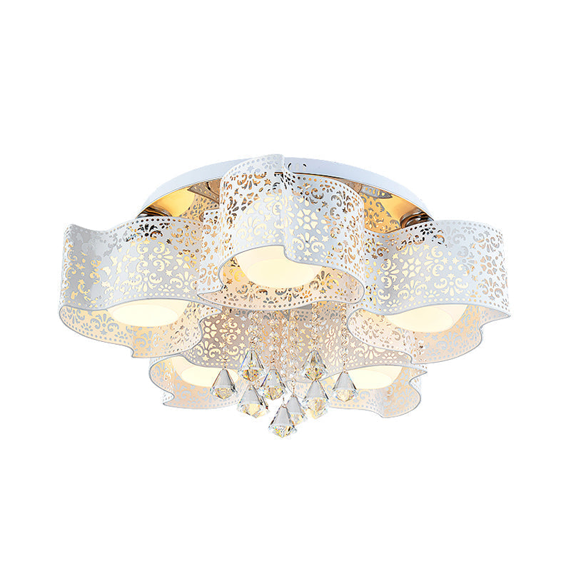 Modernist Crystal Ceiling Lamp with Etched Flower Design, 3/5 Lights, Opal Glass Ball Shade (Pink/White)