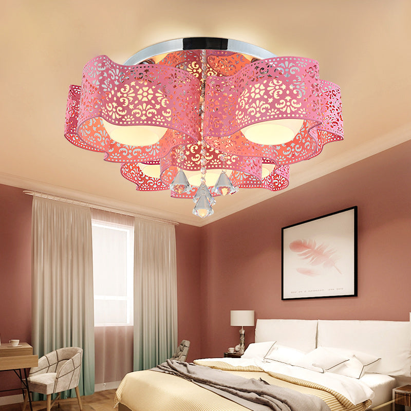 Modernist Crystal Ceiling Lamp with Etched Flower Design, 3/5 Lights, Opal Glass Ball Shade (Pink/White)