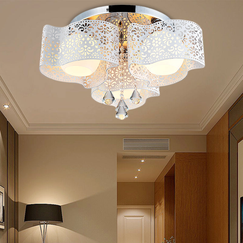 Modernist Crystal Ceiling Lamp with Etched Flower Design, 3/5 Lights, Opal Glass Ball Shade (Pink/White)