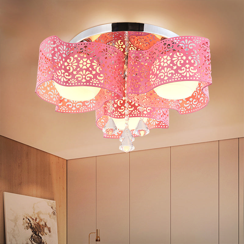 Modernist Crystal Ceiling Lamp with Etched Flower Design, 3/5 Lights, Opal Glass Ball Shade (Pink/White)