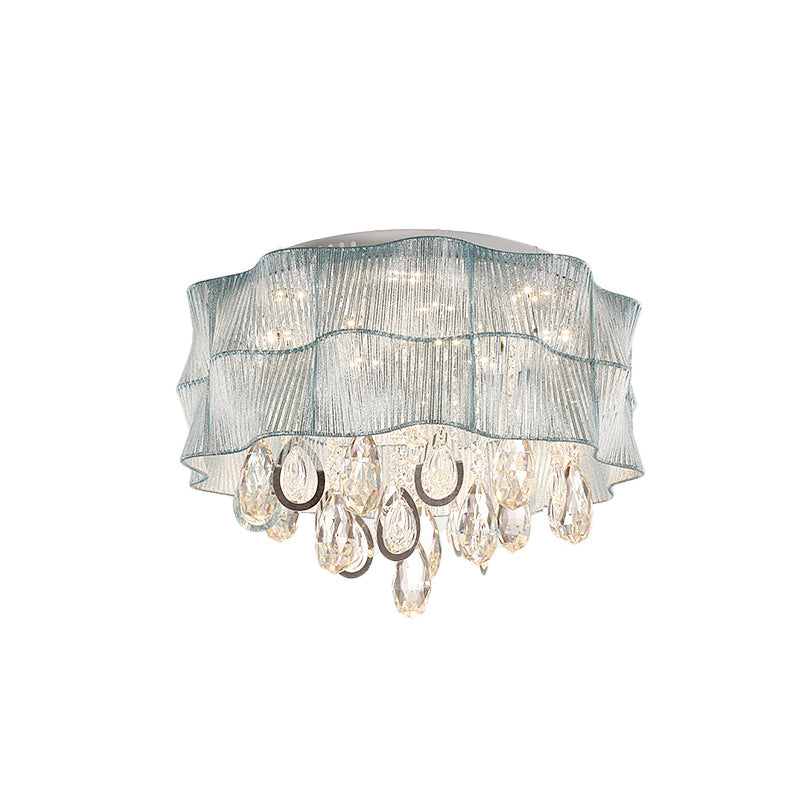 Blue/Pink Flower Flush Ceiling Lamp - LED Contemporary Fabric with Crystal Accents - Bedroom Lighting