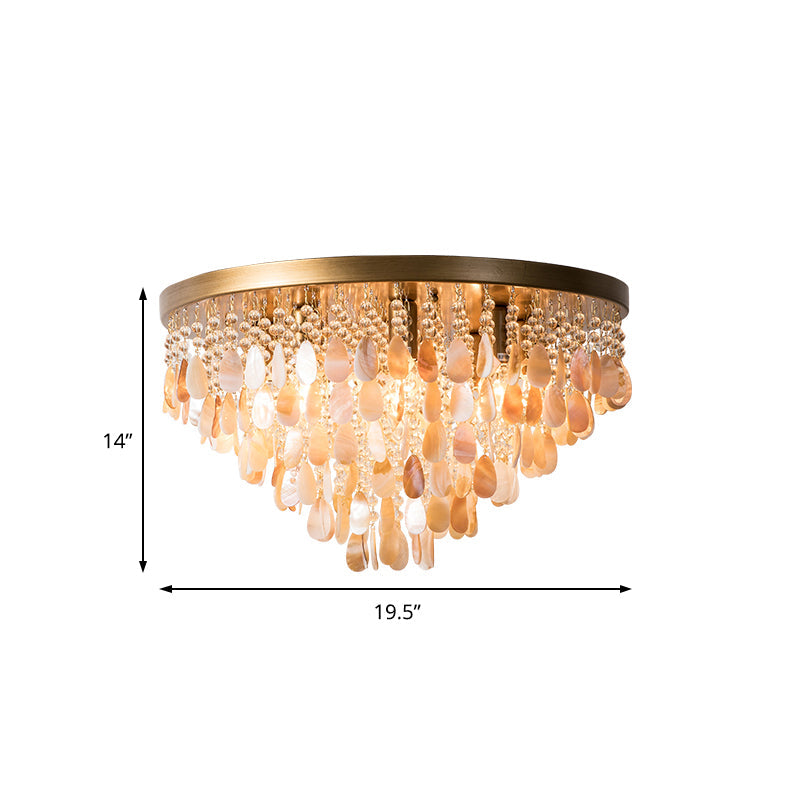 Modern Shell Tiered Flush Mount Light with Crystal Bead - Brass Finish | 6/9 Lights | 16"/19.5" W Ceiling Lamp