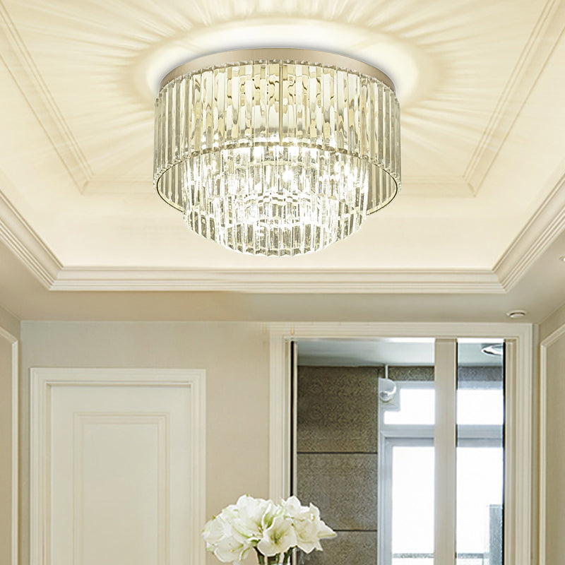 Modernist Drum Ceiling Lamp - Clear Crystal, 12"/16" Width, Flush Mount Lighting for Living Room