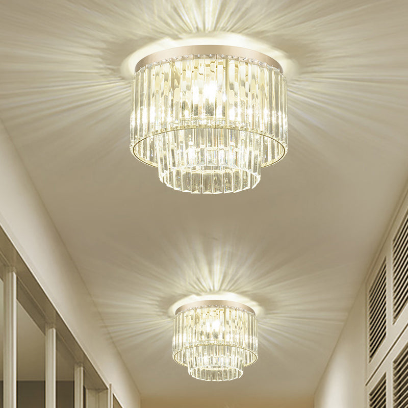 Modernist Drum Ceiling Lamp - Clear Crystal, 12"/16" Width, Flush Mount Lighting for Living Room