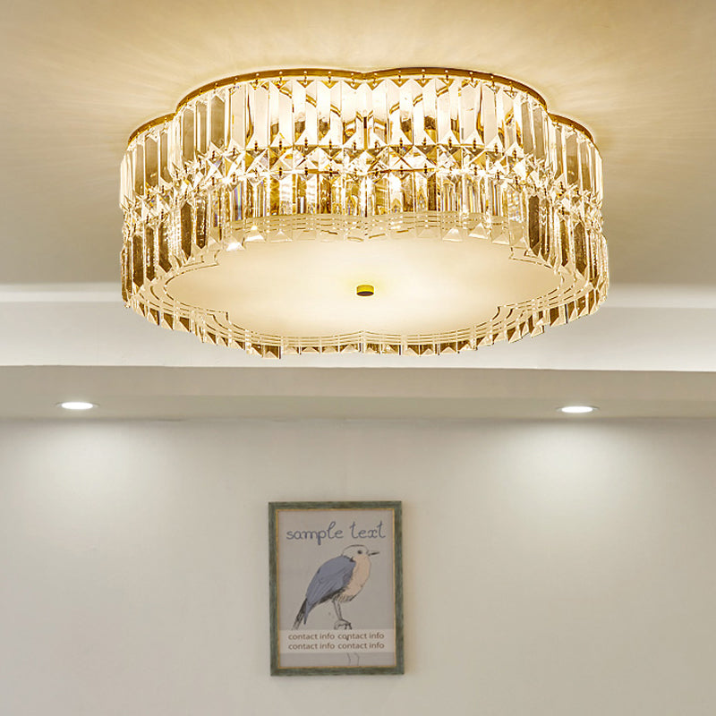 Golden Flower Flush LED Pendant Light with Modern Clear Crystal Design and Acrylic Diffuser - Available in 15" and 19" Widths