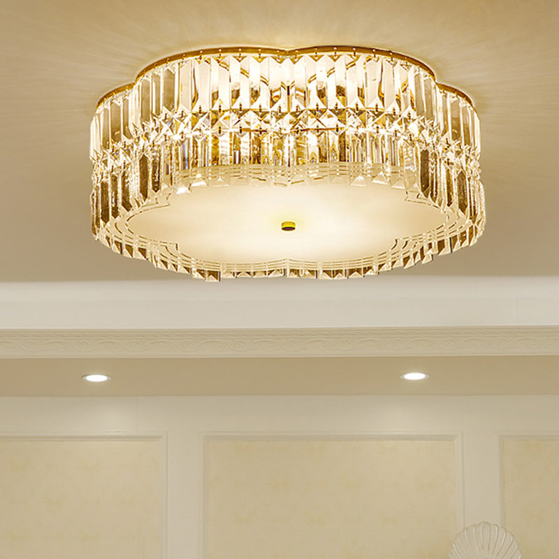 Golden Flower Flush LED Pendant Light with Modern Clear Crystal Design and Acrylic Diffuser - Available in 15" and 19" Widths