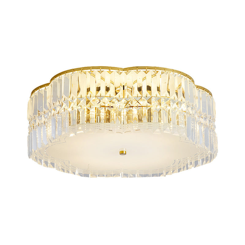 Golden Flower Flush LED Pendant Light with Modern Clear Crystal Design and Acrylic Diffuser - Available in 15" and 19" Widths