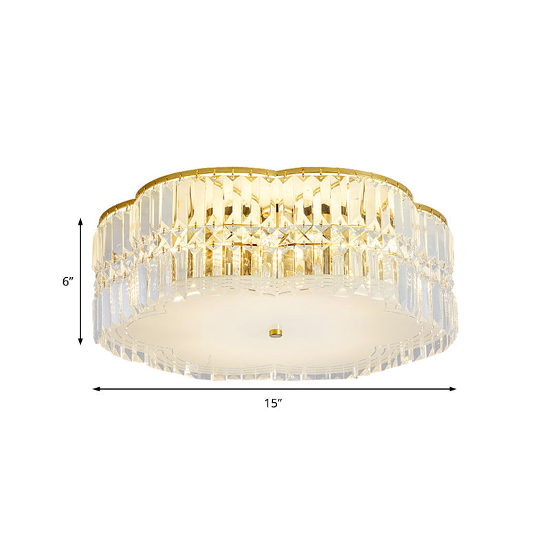 Golden Flower Flush LED Pendant Light with Modern Clear Crystal Design and Acrylic Diffuser - Available in 15" and 19" Widths