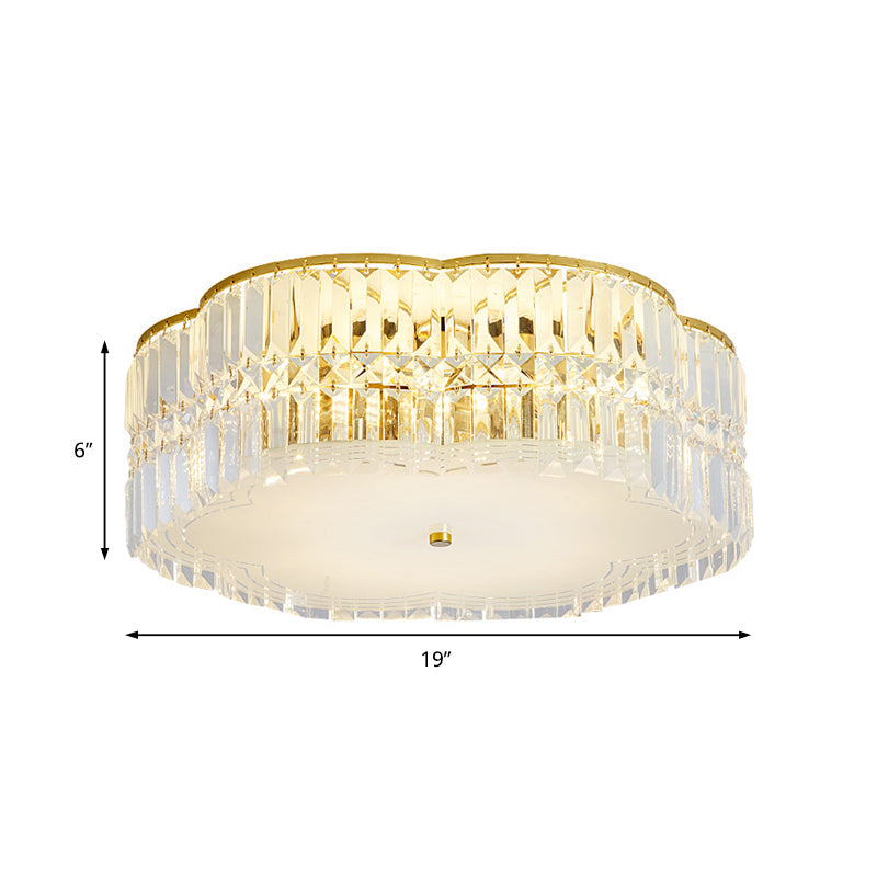 Golden Flower Flush LED Pendant Light with Modern Clear Crystal Design and Acrylic Diffuser - Available in 15" and 19" Widths
