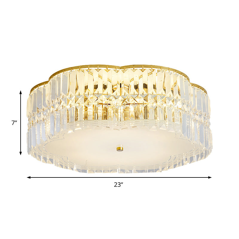Golden Flower Flush LED Pendant Light with Modern Clear Crystal Design and Acrylic Diffuser - Available in 15" and 19" Widths