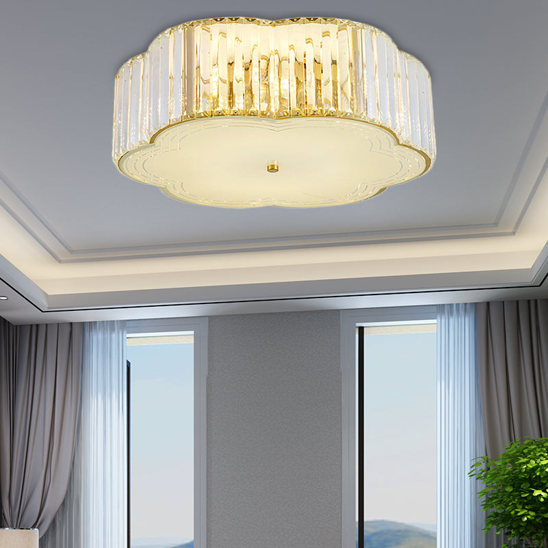 Golden Flower Flush LED Pendant Light with Modern Clear Crystal Design and Acrylic Diffuser - Available in 15" and 19" Widths