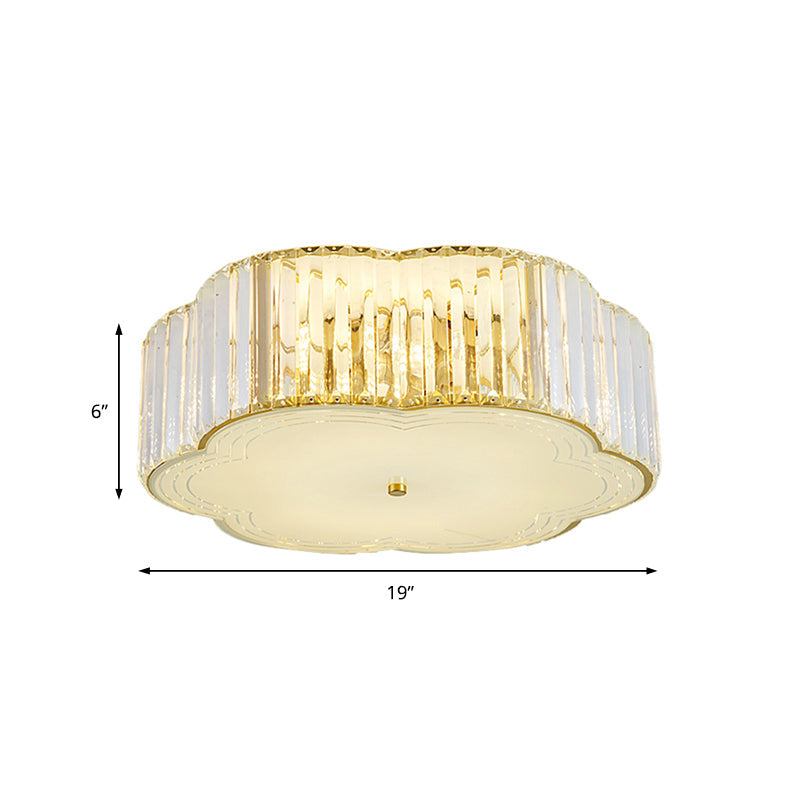 Golden Flower Flush LED Pendant Light with Modern Clear Crystal Design and Acrylic Diffuser - Available in 15" and 19" Widths
