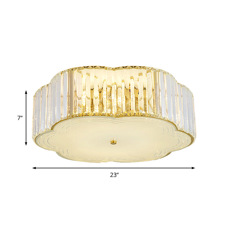 Golden Flower Flush LED Pendant Light with Modern Clear Crystal Design and Acrylic Diffuser - Available in 15" and 19" Widths