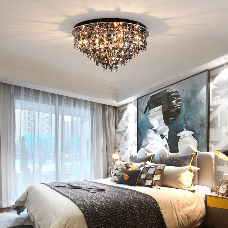 Vintage Smoke Gray Flush Mount Light with Crystal Bead Accents, Warm LED Ceiling Lamp - 16"/23.5" Width
