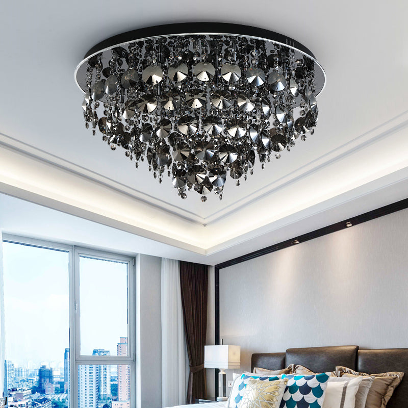 Vintage Smoke Gray Flush Mount Light with Crystal Bead Accents, Warm LED Ceiling Lamp - 16"/23.5" Width