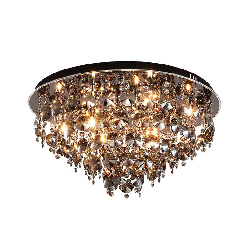 Vintage Smoke Gray Flush Mount Light with Crystal Bead Accents, Warm LED Ceiling Lamp - 16"/23.5" Width