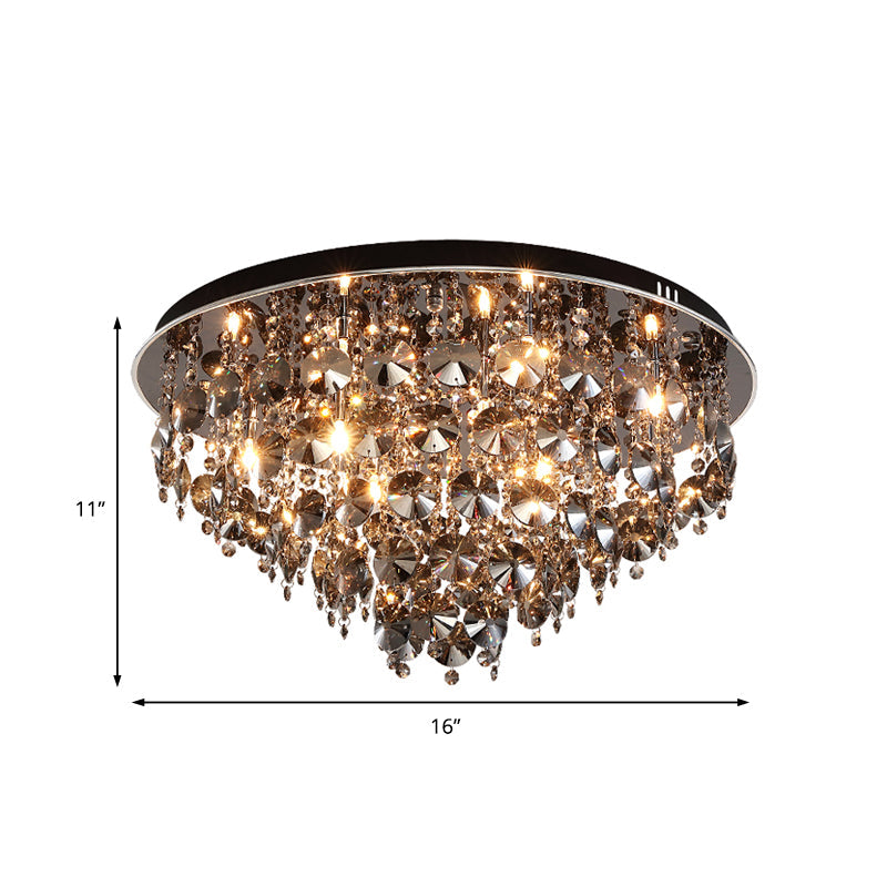 Vintage Smoke Gray Flush Mount Light with Crystal Bead Accents, Warm LED Ceiling Lamp - 16"/23.5" Width