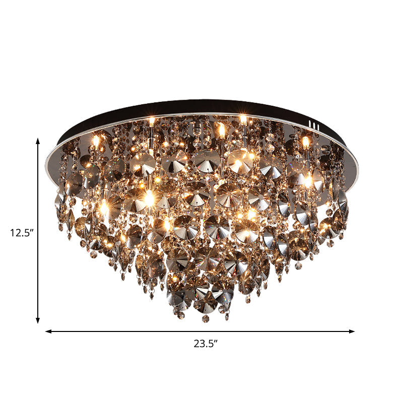 Vintage Smoke Gray Flush Mount Light with Crystal Bead Accents, Warm LED Ceiling Lamp - 16"/23.5" Width