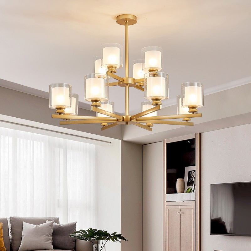 Lustre en verre blanc moderniste à 2 niveaux avec design radial - 12 lumières : luminaire suspendu noir/doré/argenté