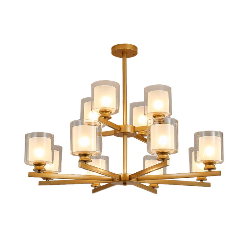 Lustre en verre blanc moderniste à 2 niveaux avec design radial - 12 lumières : luminaire suspendu noir/doré/argenté