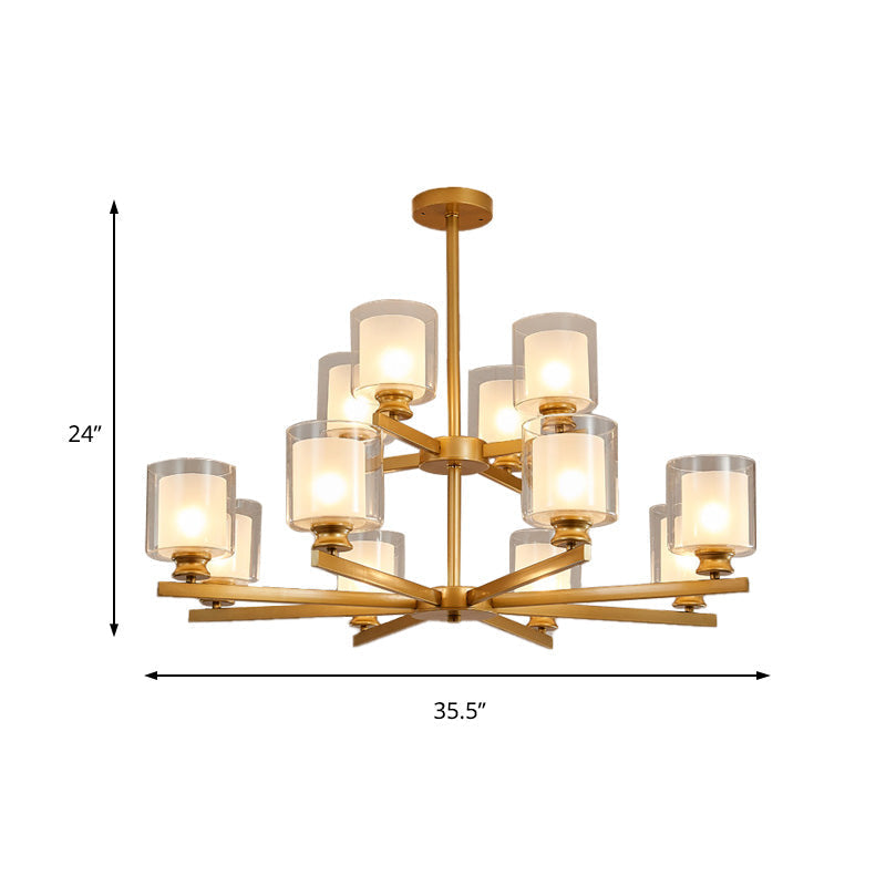Lustre en verre blanc moderniste à 2 niveaux avec design radial - 12 lumières : luminaire suspendu noir/doré/argenté