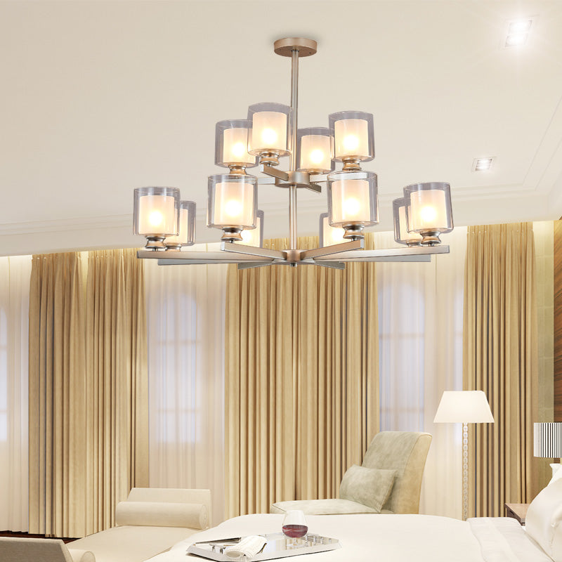 Lustre en verre blanc moderniste à 2 niveaux avec design radial - 12 lumières : luminaire suspendu noir/doré/argenté