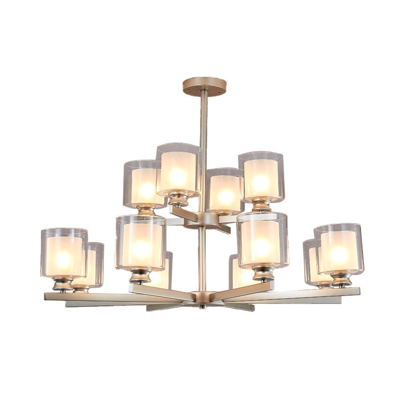 Lustre en verre blanc moderniste à 2 niveaux avec design radial - 12 lumières : luminaire suspendu noir/doré/argenté