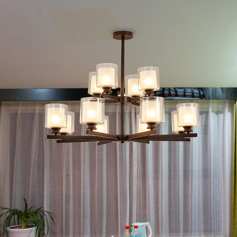 Lustre en verre blanc moderniste à 2 niveaux avec design radial - 12 lumières : luminaire suspendu noir/doré/argenté