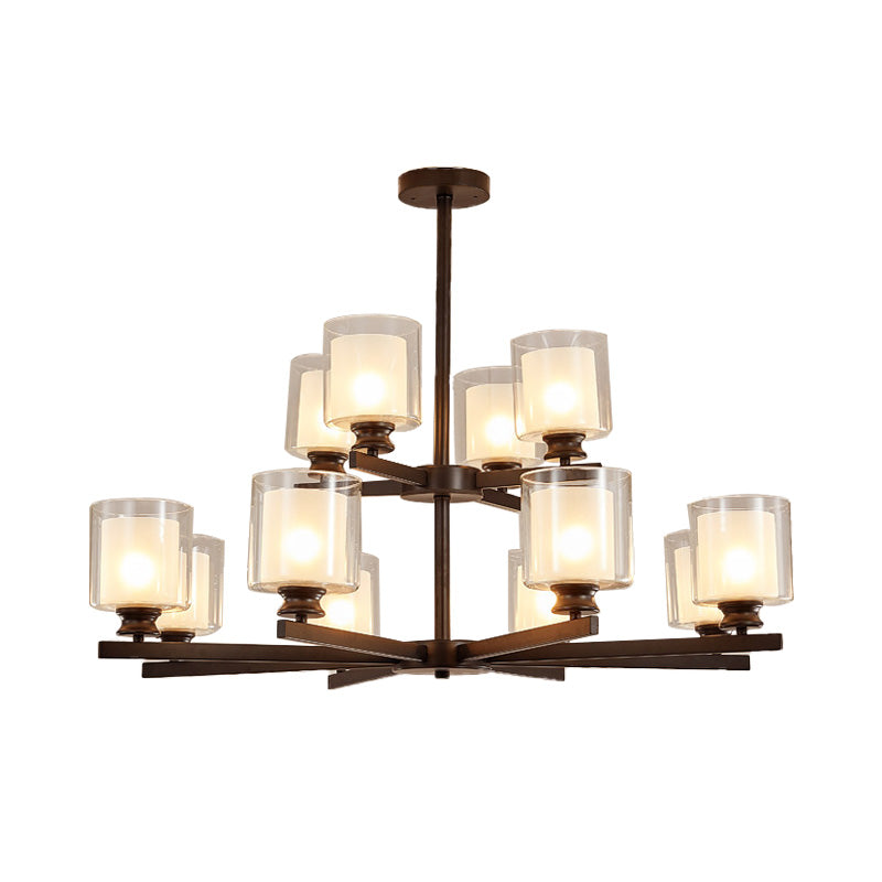 Lustre en verre blanc moderniste à 2 niveaux avec design radial - 12 lumières : luminaire suspendu noir/doré/argenté