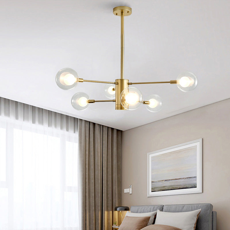 Lustre moderne en or avec abat-jour en verre transparent - 6/8 lumières, idéal pour suspendre au plafond du salon