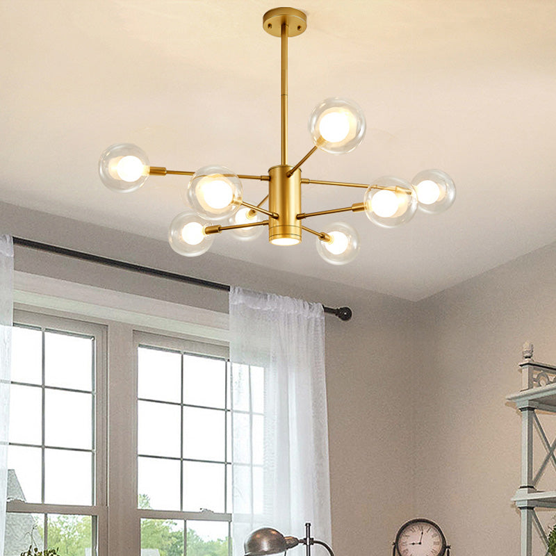 Lustre moderne en or avec abat-jour en verre transparent - 6/8 lumières, idéal pour suspendre au plafond du salon