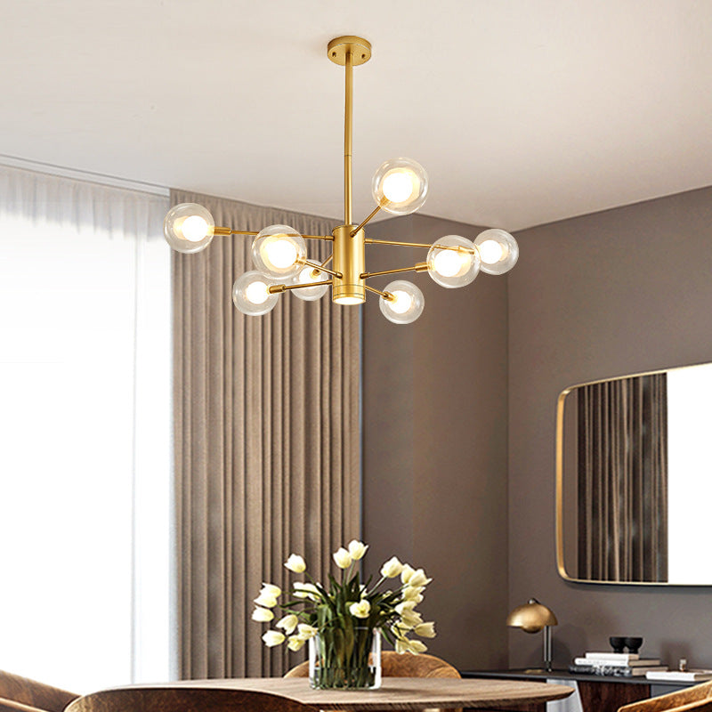 Lustre moderne en or avec abat-jour en verre transparent - 6/8 lumières, idéal pour suspendre au plafond du salon