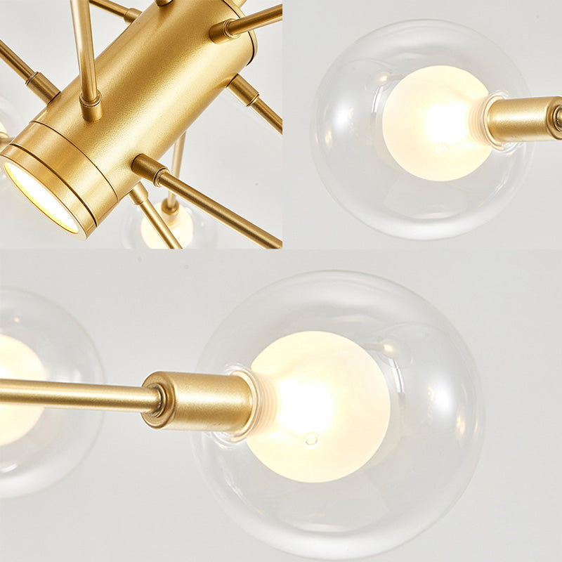 Lustre moderne en or avec abat-jour en verre transparent - 6/8 lumières, idéal pour suspendre au plafond du salon