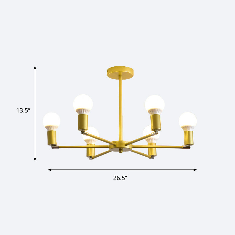 Gold Radial Metal Chandelier with Hanging Lights for Bedroom - Modern Design with Bare Bulb
