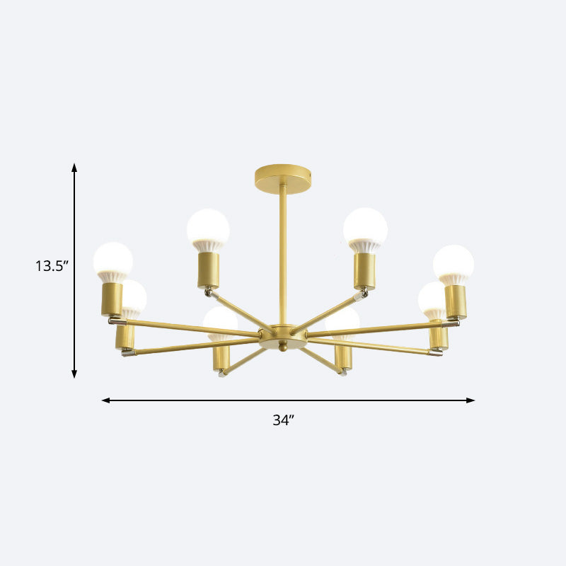 Gold Radial Metal Chandelier with Hanging Lights for Bedroom - Modern Design with Bare Bulb