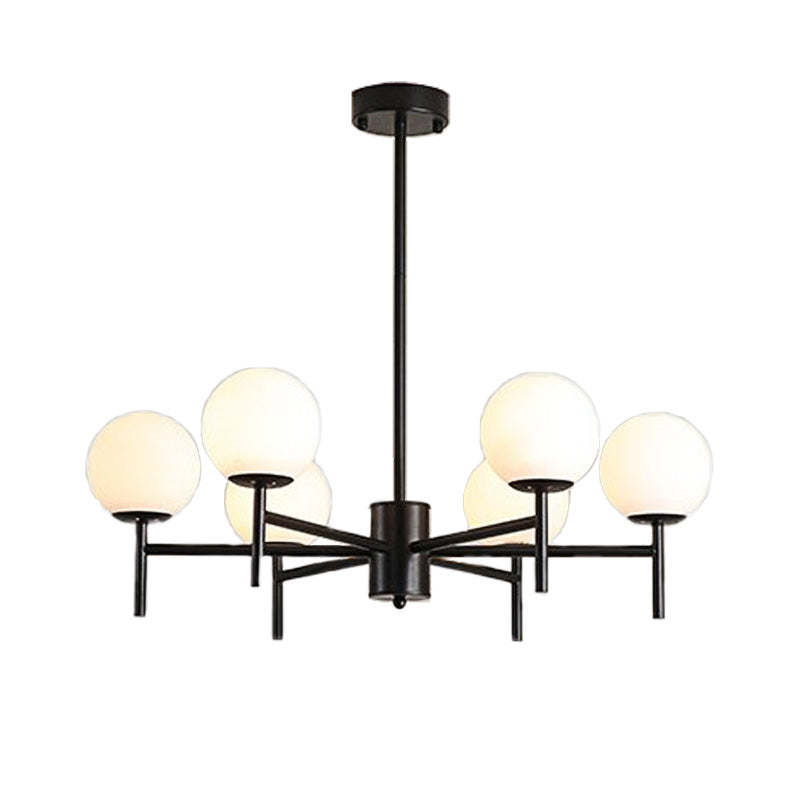 Contemporary Black/Gold Globe Chandelier with Radial Design - 6/8/9 Lights, Milk Glass Hanging Lamp