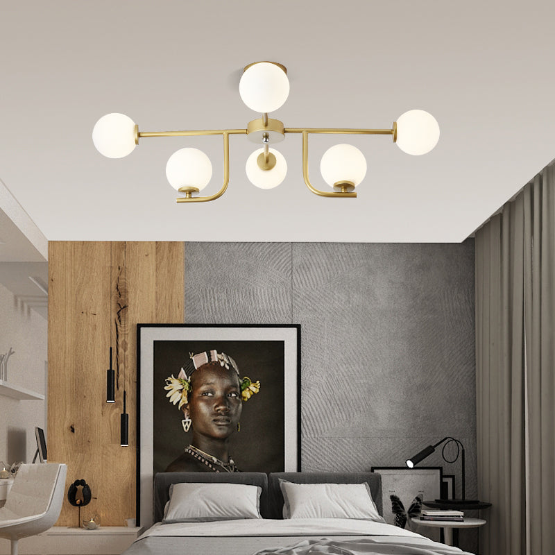Modern 6/10-Head Metal Semi Flush Mount Ceiling Light with Globe Glass Shade - Gold Finish for Living Room