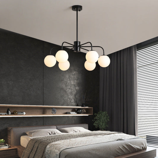 Modern White Glass Globe Chandelier with Radial Design - 6/8/10 Lights, Hanging Ceiling Light, Curved Arm