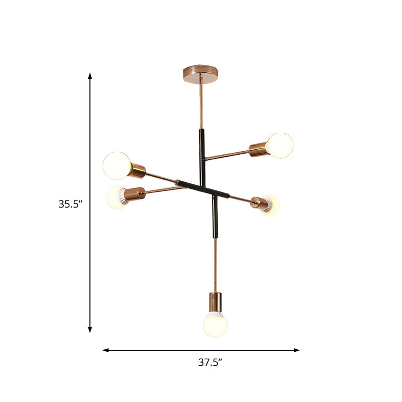 Modern 5-Light Rectilinear Metal Chandelier: White/Black Bare Bulb Hanging Ceiling Light for Dining Room