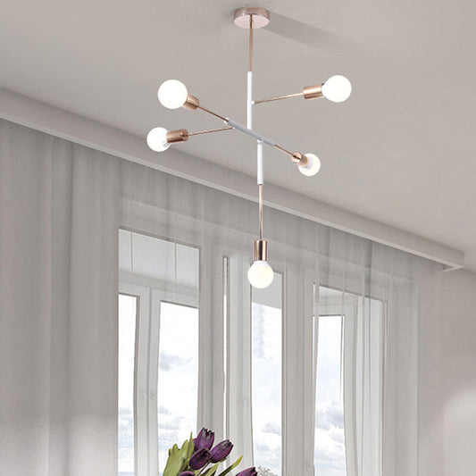 Modern 5-Light Rectilinear Metal Chandelier: White/Black Bare Bulb Hanging Ceiling Light for Dining Room