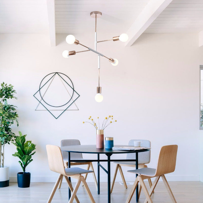 Modern 5-Light Rectilinear Metal Chandelier: White/Black Bare Bulb Hanging Ceiling Light for Dining Room