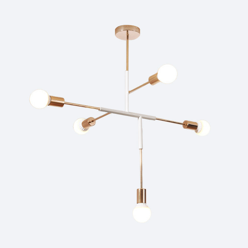 Modern 5-Light Rectilinear Metal Chandelier: White/Black Bare Bulb Hanging Ceiling Light for Dining Room