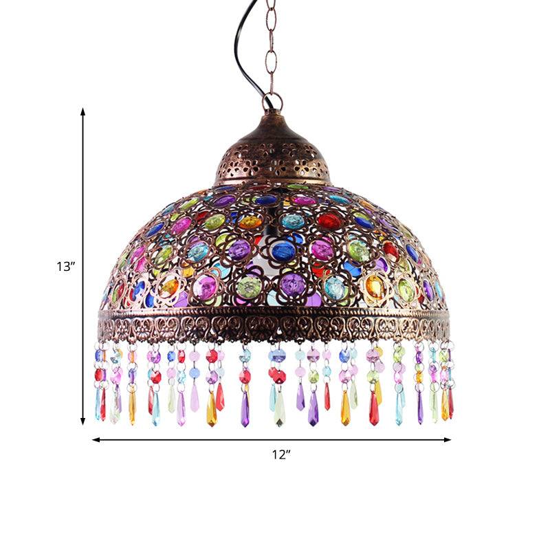 Bohemia Dome Pendant Light - Rustic Aged Brass with Crystal Bead Accent - Ideal for Restaurants