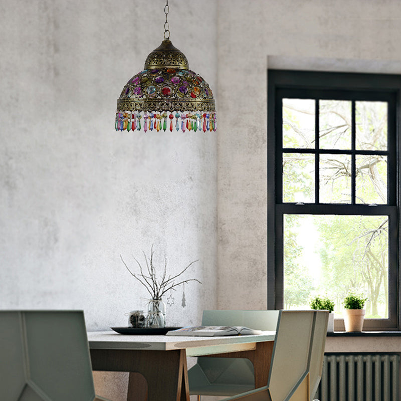 Boho Dome Pendant Light - Metal 1-Bulb Aged Brass/Rust Hanging Lamp With Crystal Bead For