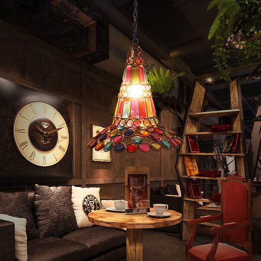Rustic Copper Antique Crystal Pendant Lamp: Tapered Hanging Light with Multi-Colored Bead