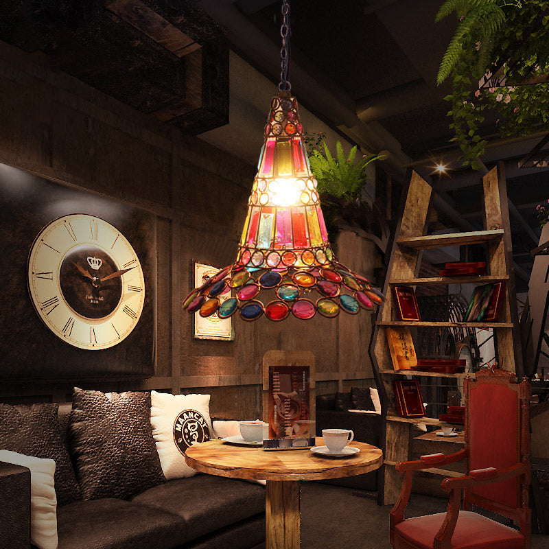 Vintage Crystal Pendant Lamp: 1-Light Rustic Copper Hanging Lantern With Multi-Colored Bead Detail