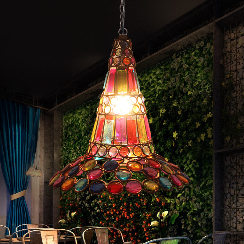 Vintage Crystal Pendant Lamp: 1-Light Rustic Copper Hanging Lantern With Multi-Colored Bead Detail